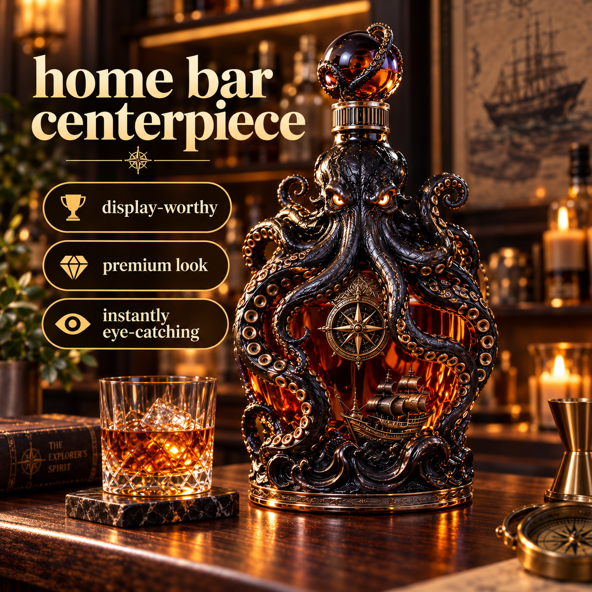 Kraken decanter in an elegant home bar