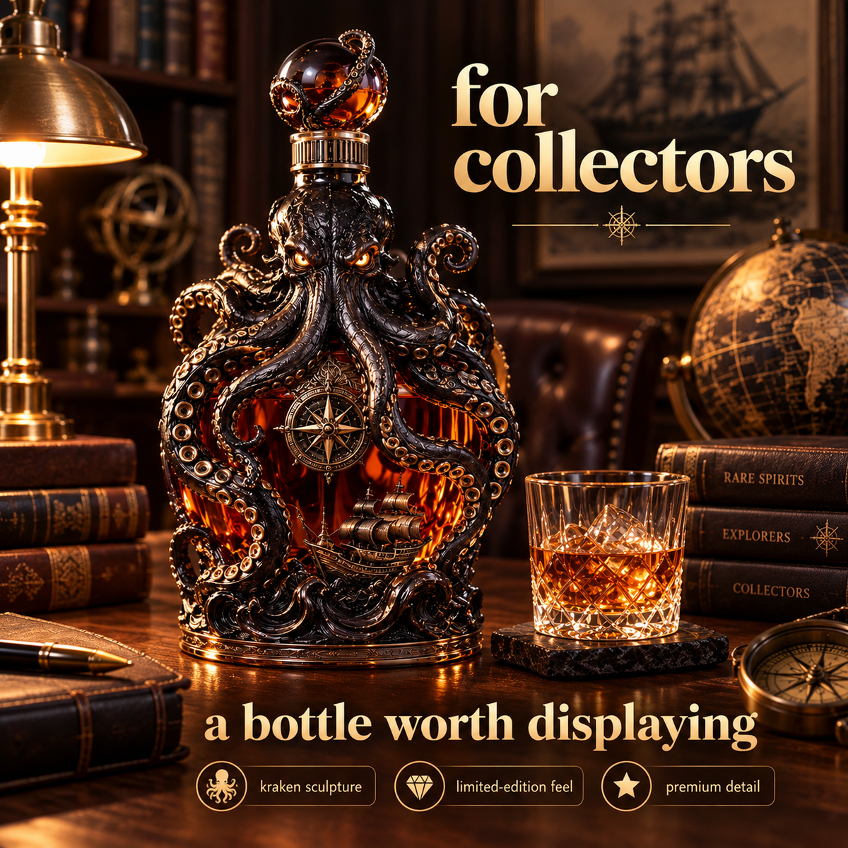 Collectible Kraken decanter on display