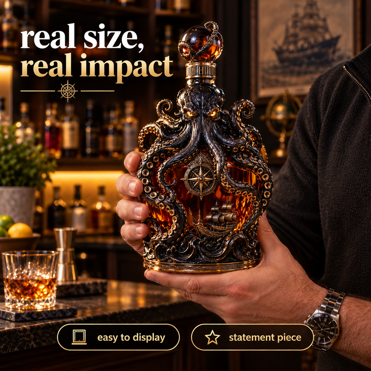 Handheld Kraken decanter scale illustration