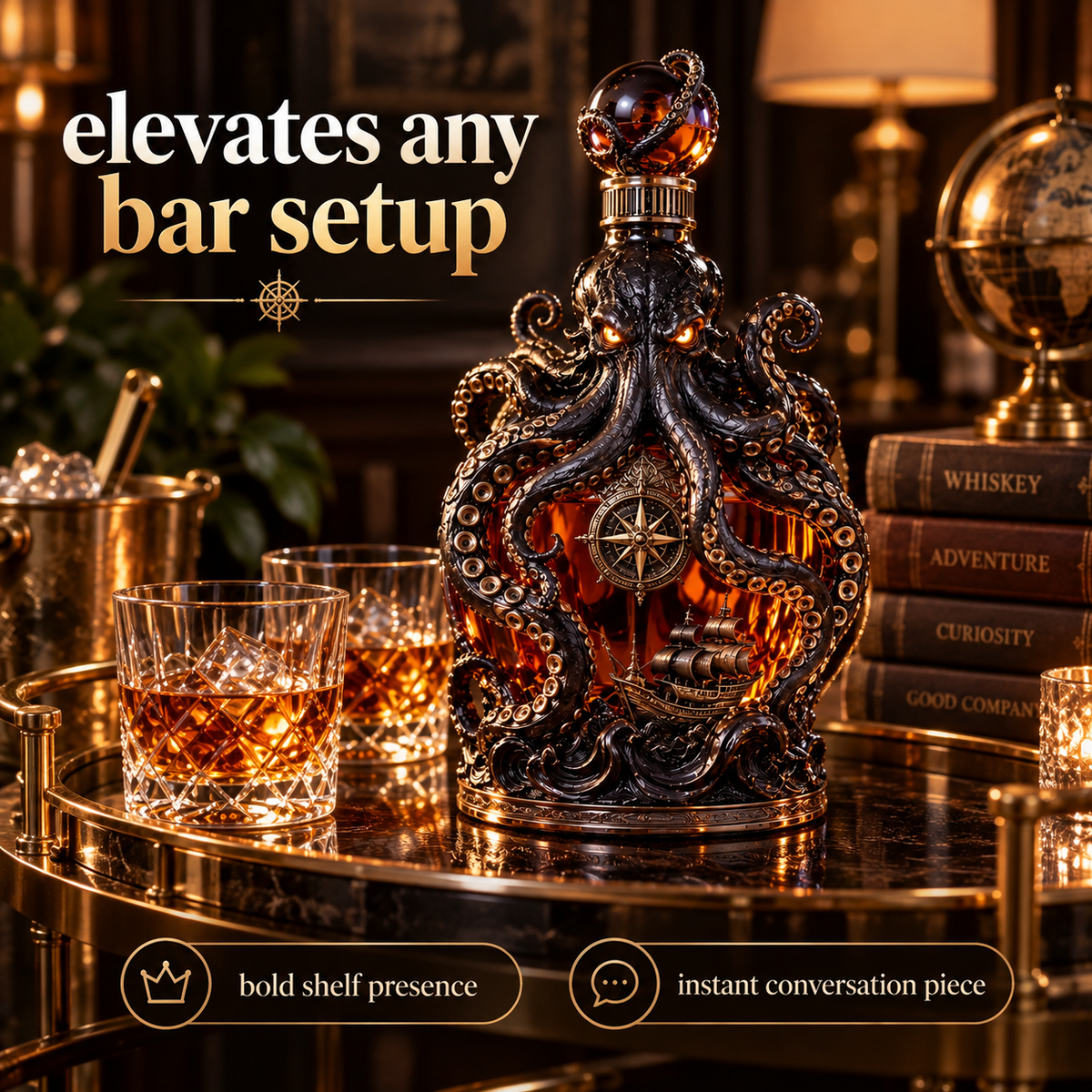 Kraken decanter in a premium bar setup