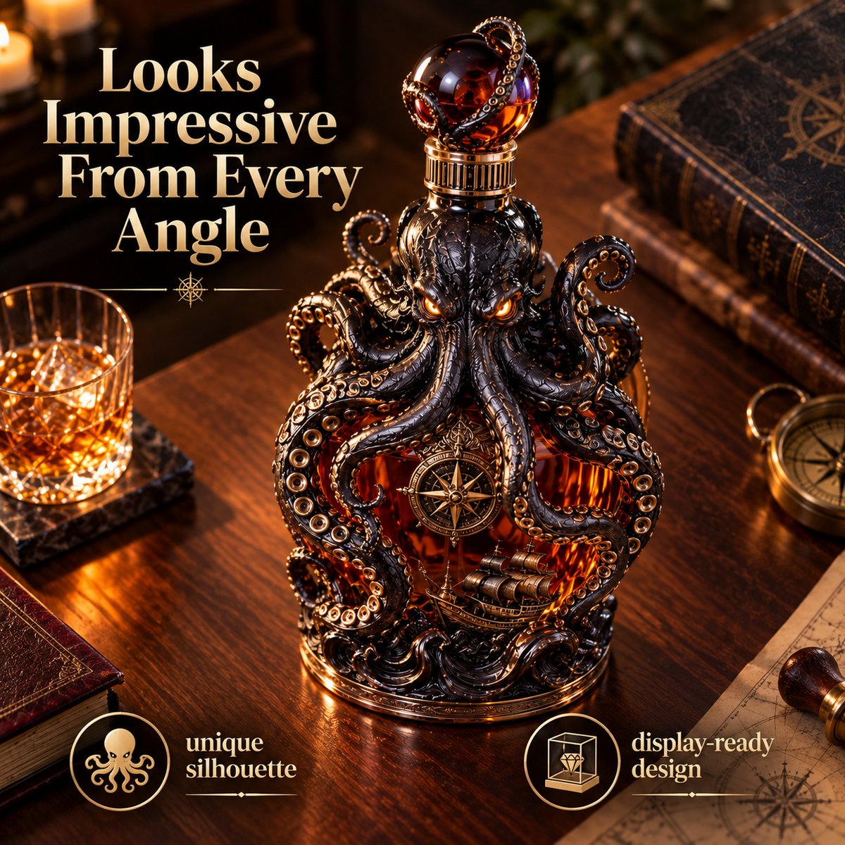 Angled view of ornate Kraken decanter