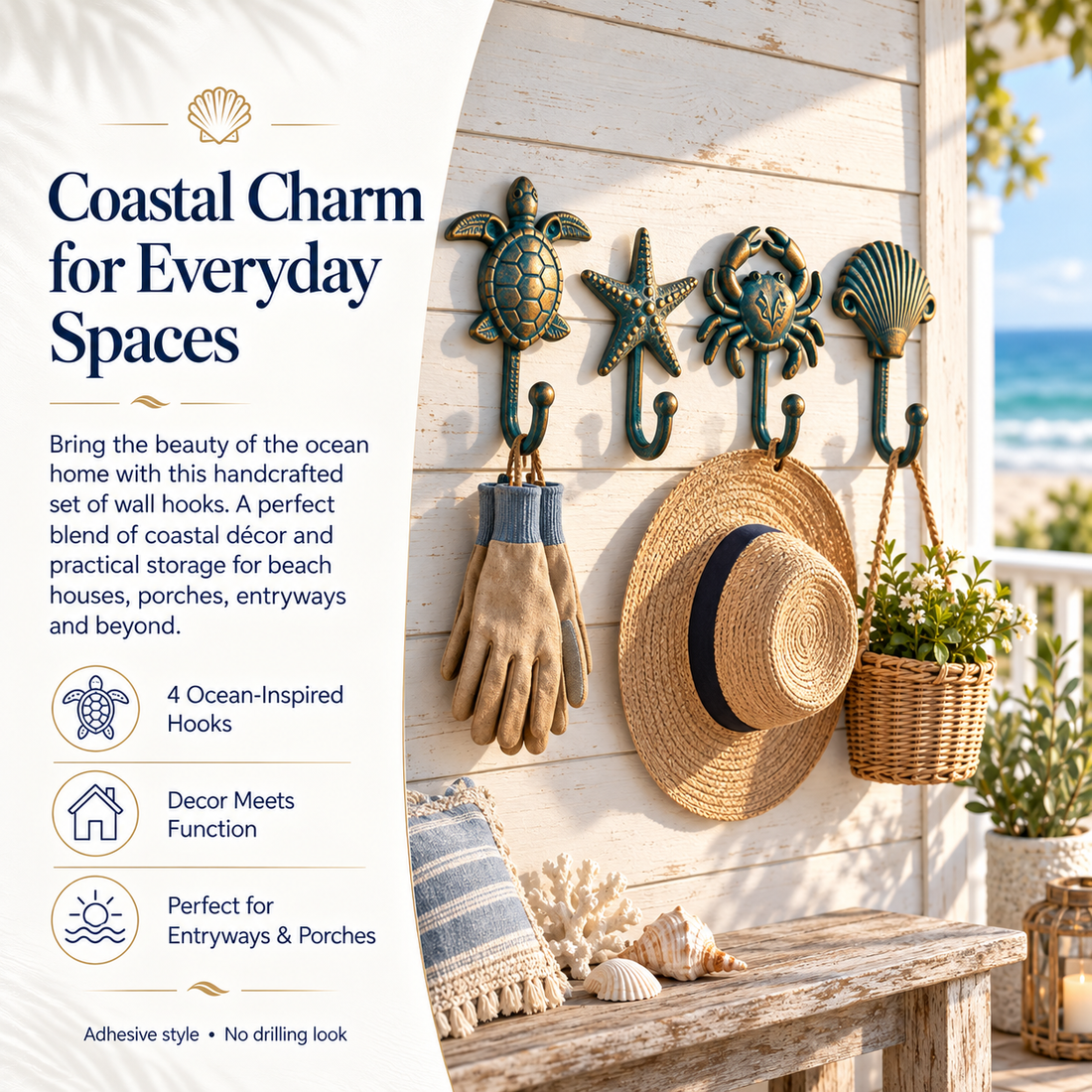 Ocean wall hooks in a coastal entryway
