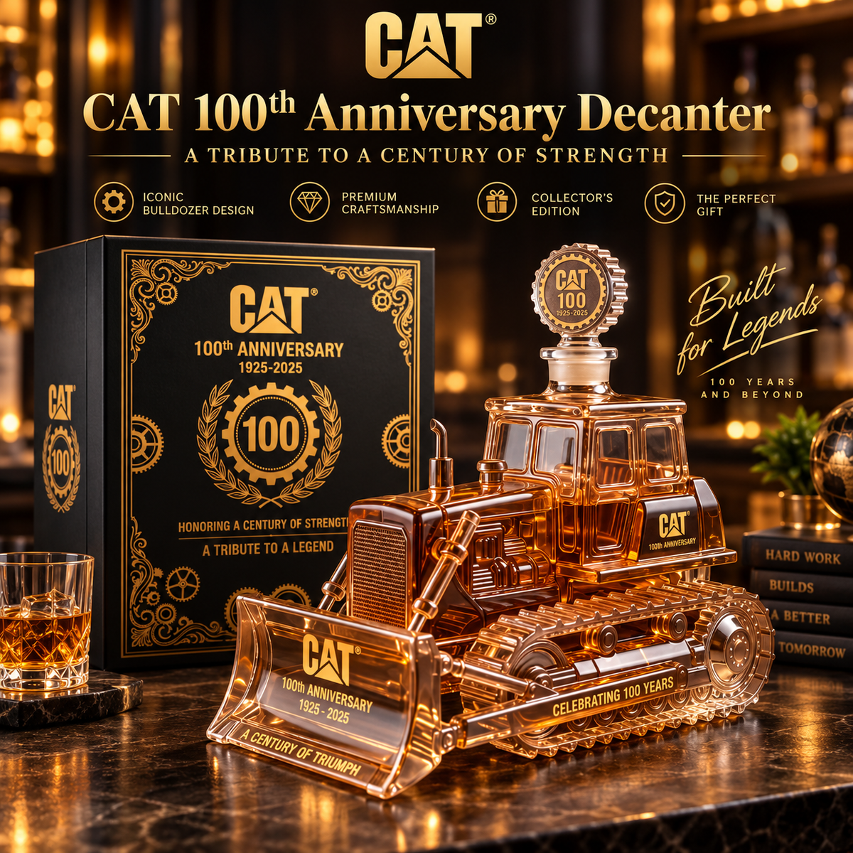Bulldozer whiskey decanter pouring from the top opening