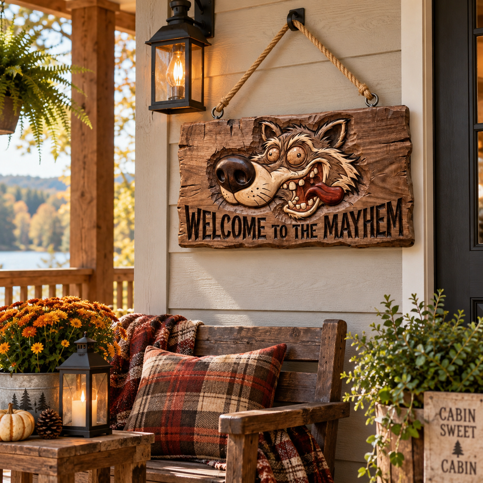 Funny Welcome to the Mayhem dog sign hanging on a farmhouse front door