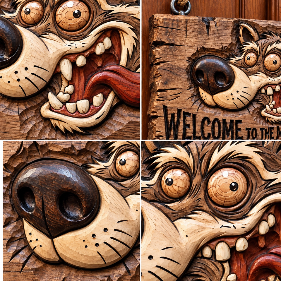 Close-up of the humorous dog face and distressed carved-look details