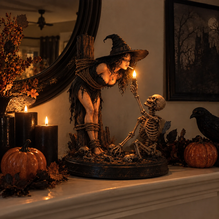 Customer Halloween mantel with witch skeleton figurine