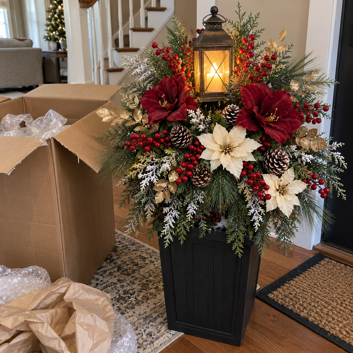 Christmas lantern floral arrangement at customer's front door