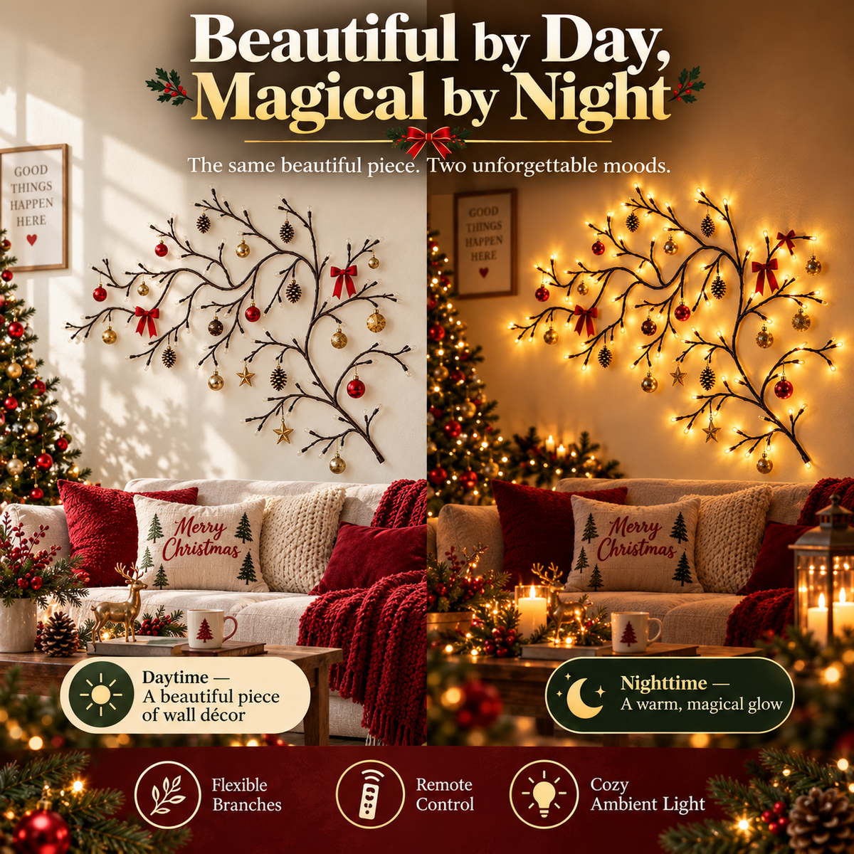 🎄 Flexible LED Branch Lights | Remote-Controlled Holiday Wall Decor(📦Buy 2 Free Shipping)