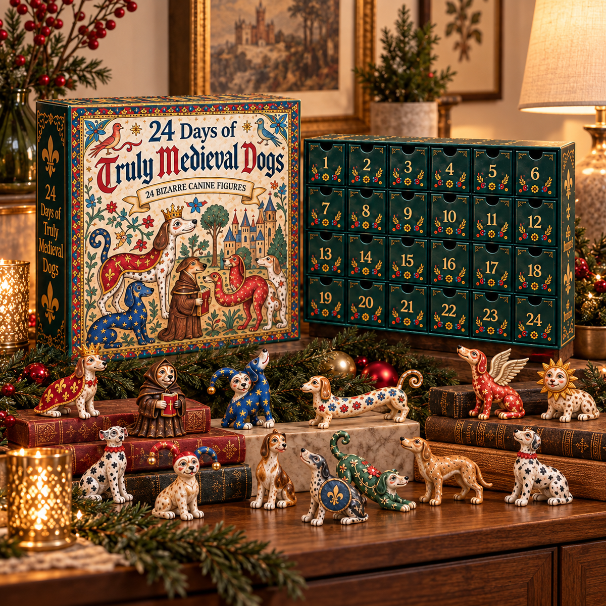 Medieval dog figurines displayed after Christmas