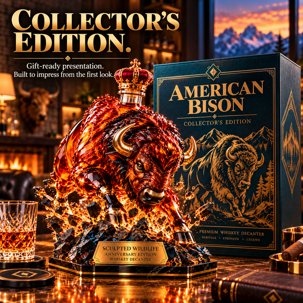 🦬🥃 American Bison Whiskey Decanter – Sculpted Wildlife Collector’s Edition