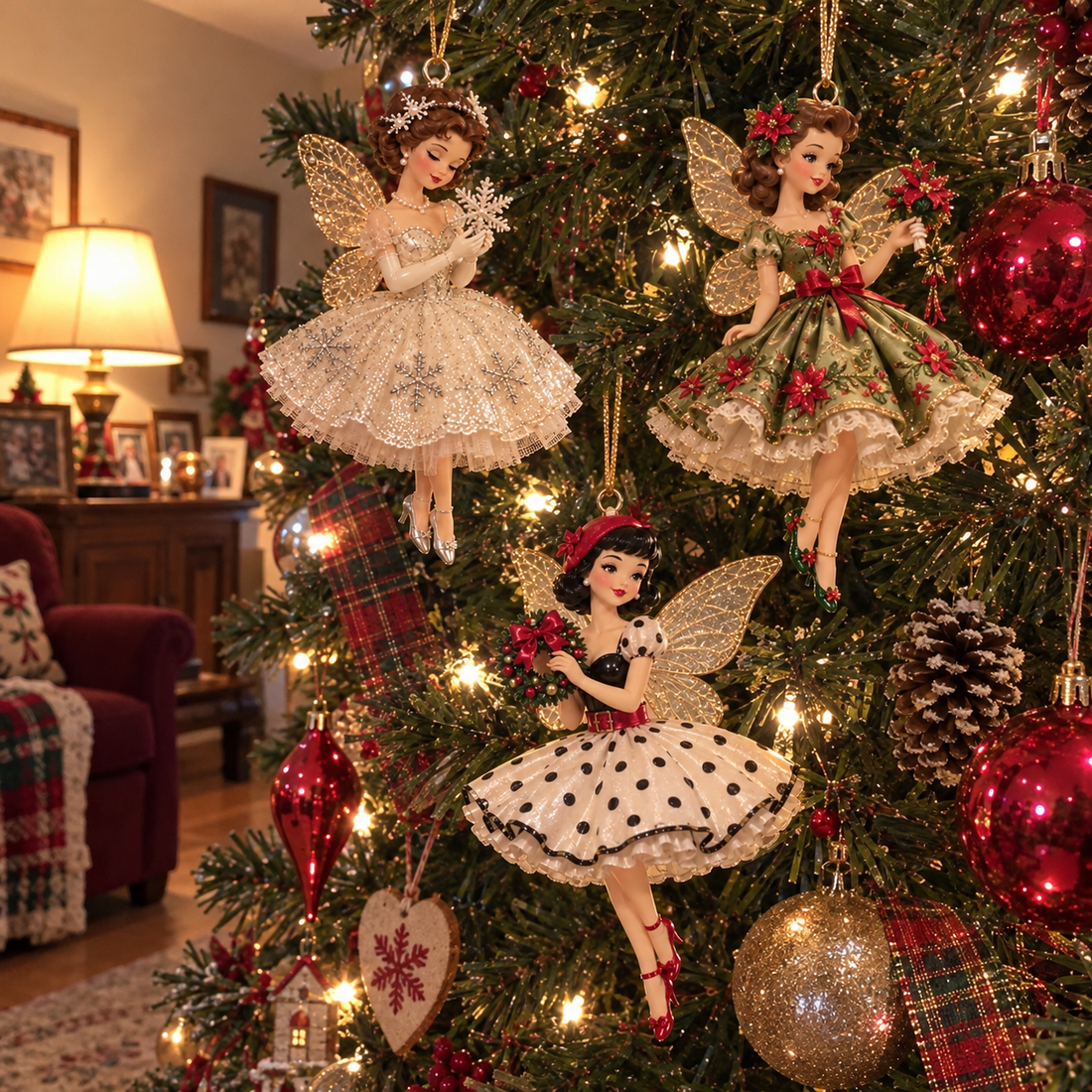 Fairy ornaments hanging beside Christmas lights