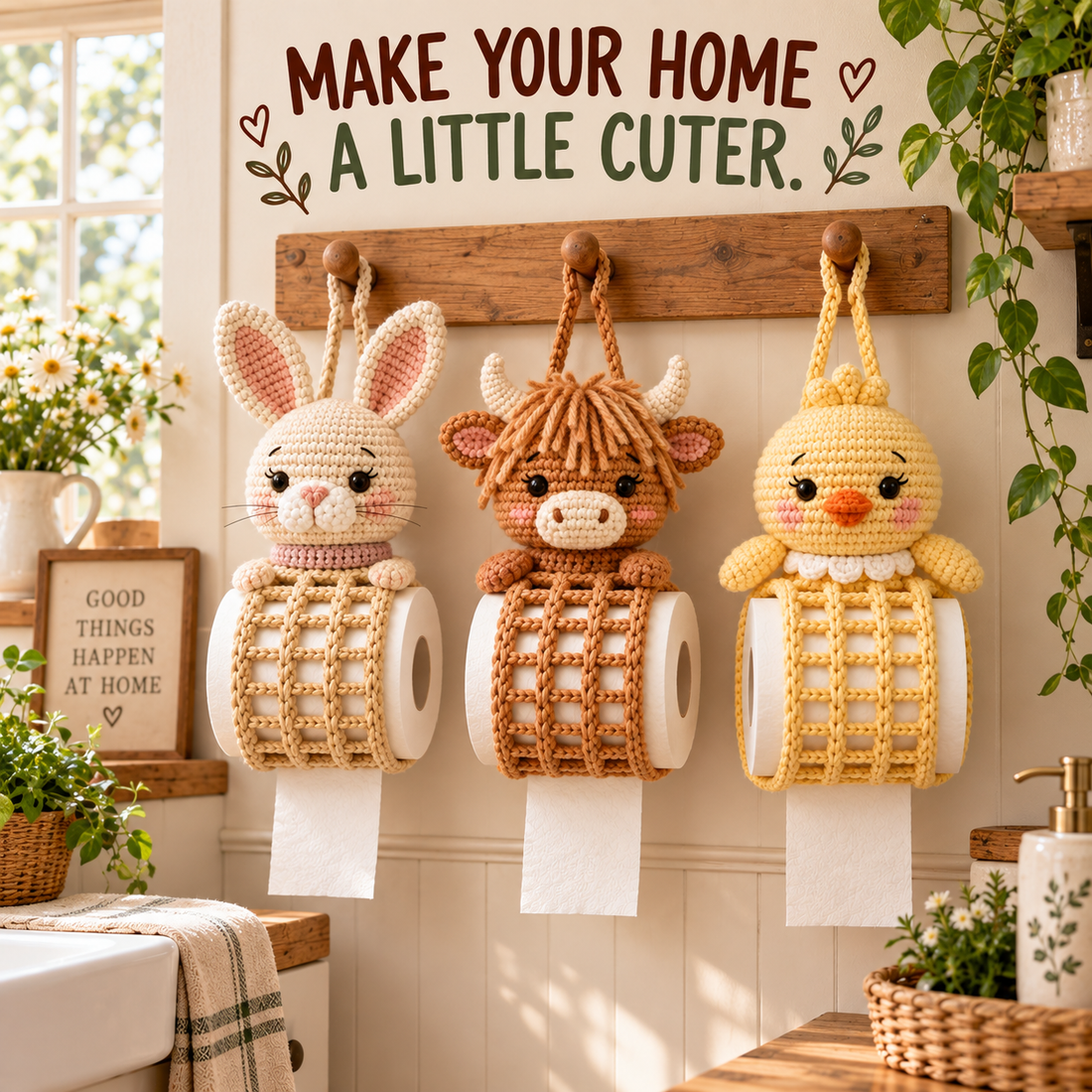 Finished bunny, Highland cow and chick crochet toilet paper holder designs