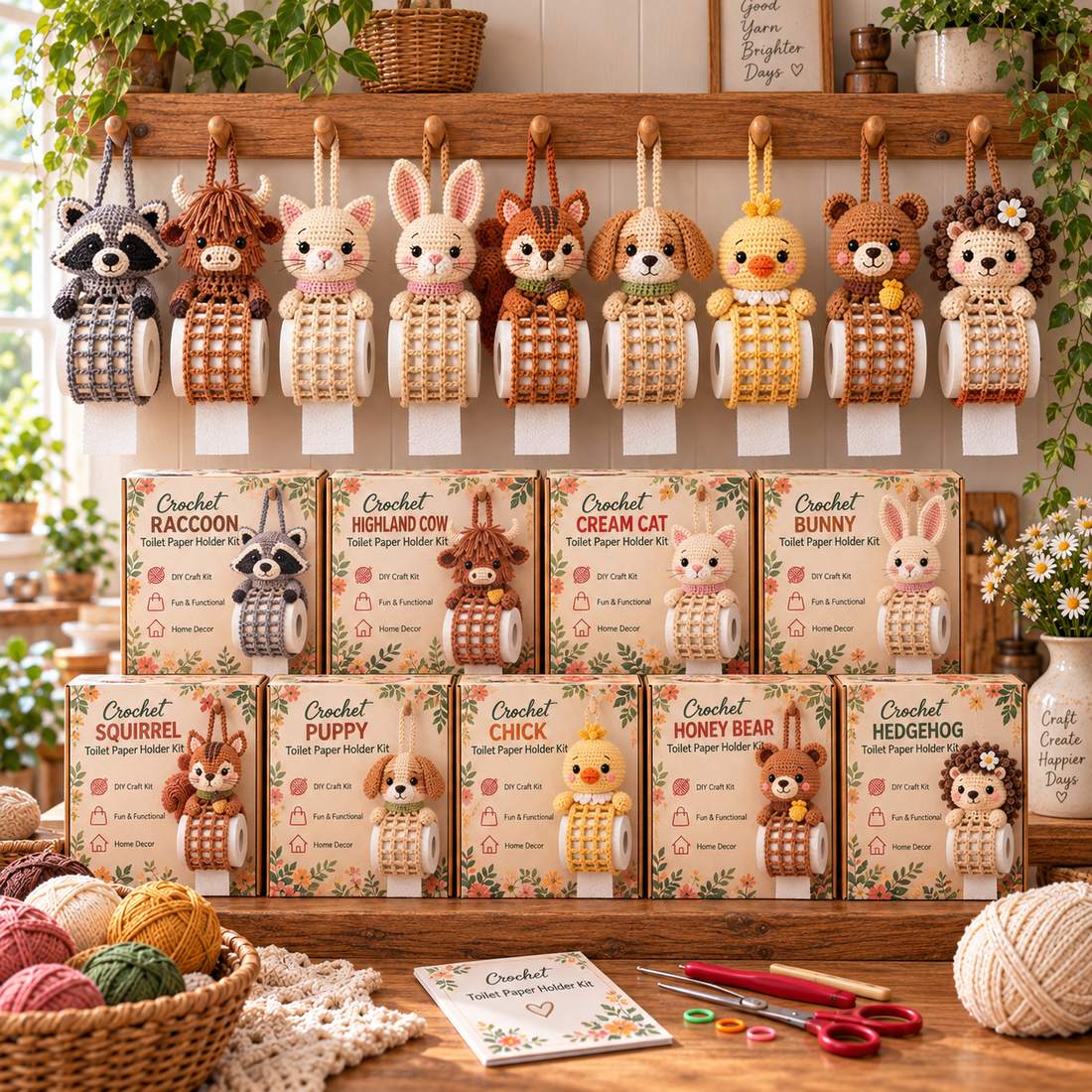 Nine crochet animal toilet paper holder DIY kits collection
