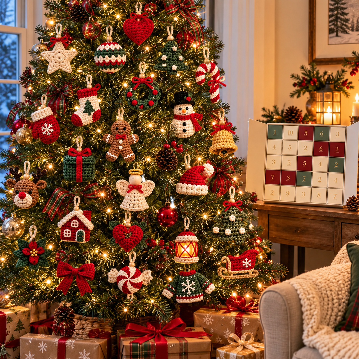A Christmas tree styled with crochet ornaments beside the Advent calendar