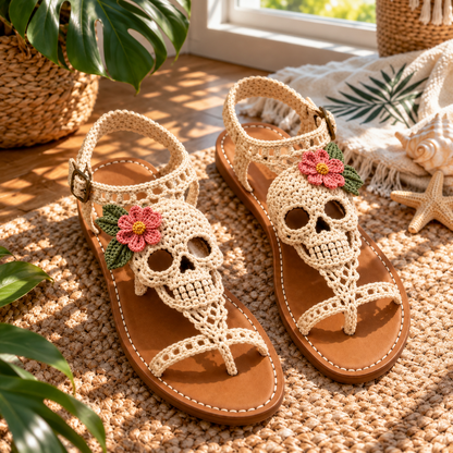 💀🌸 Hand-Crocheted Boho Skull Bloom Sandals