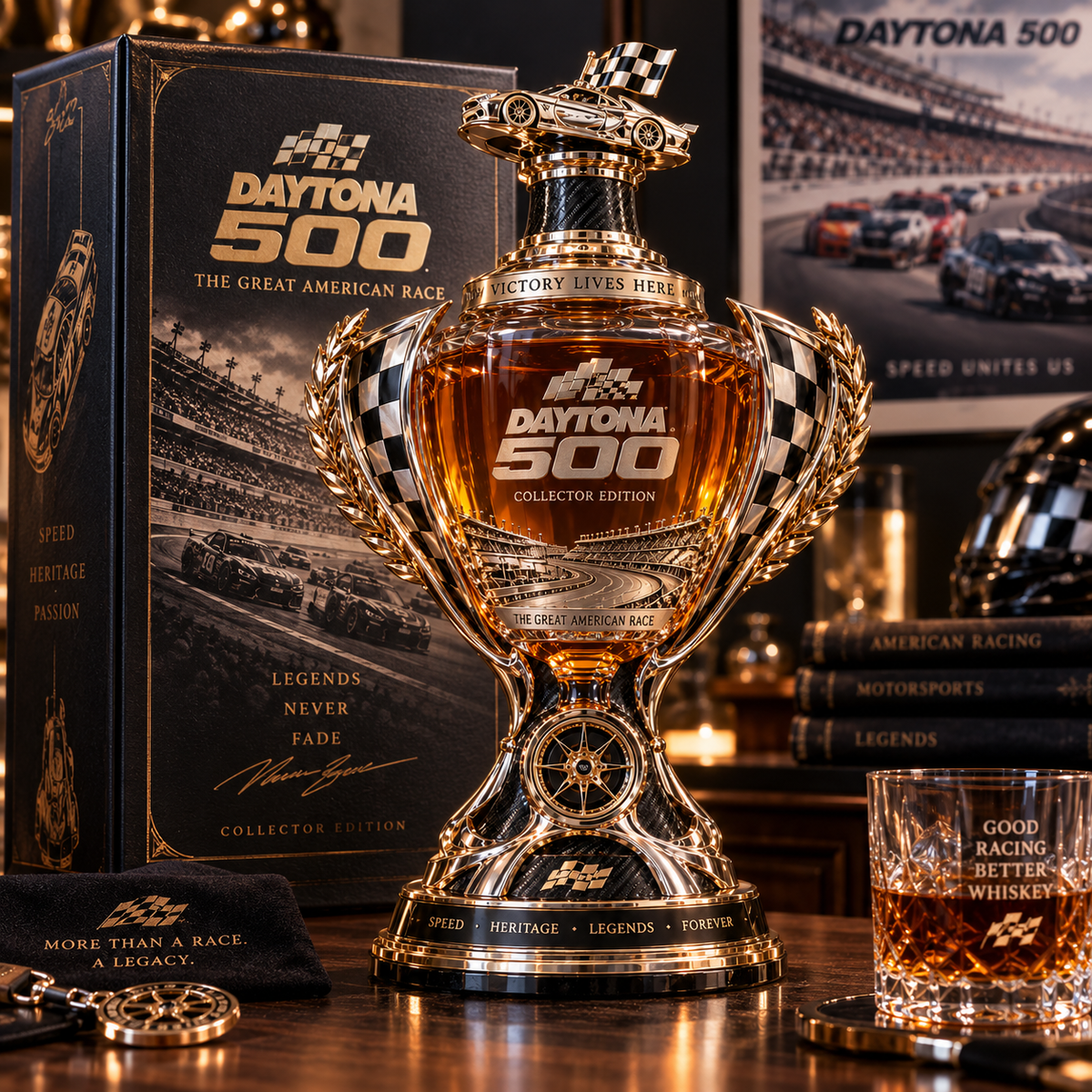 Racing fan admiring Daytona inspired trophy whiskey decanter