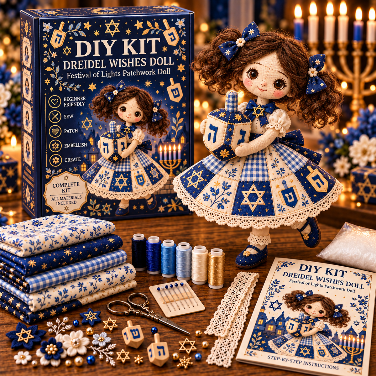 Hanukkah DIY Patchwork Doll Kit – Festival of Lights Handmade Keepsake | 3 Beautiful Designs to Choose From