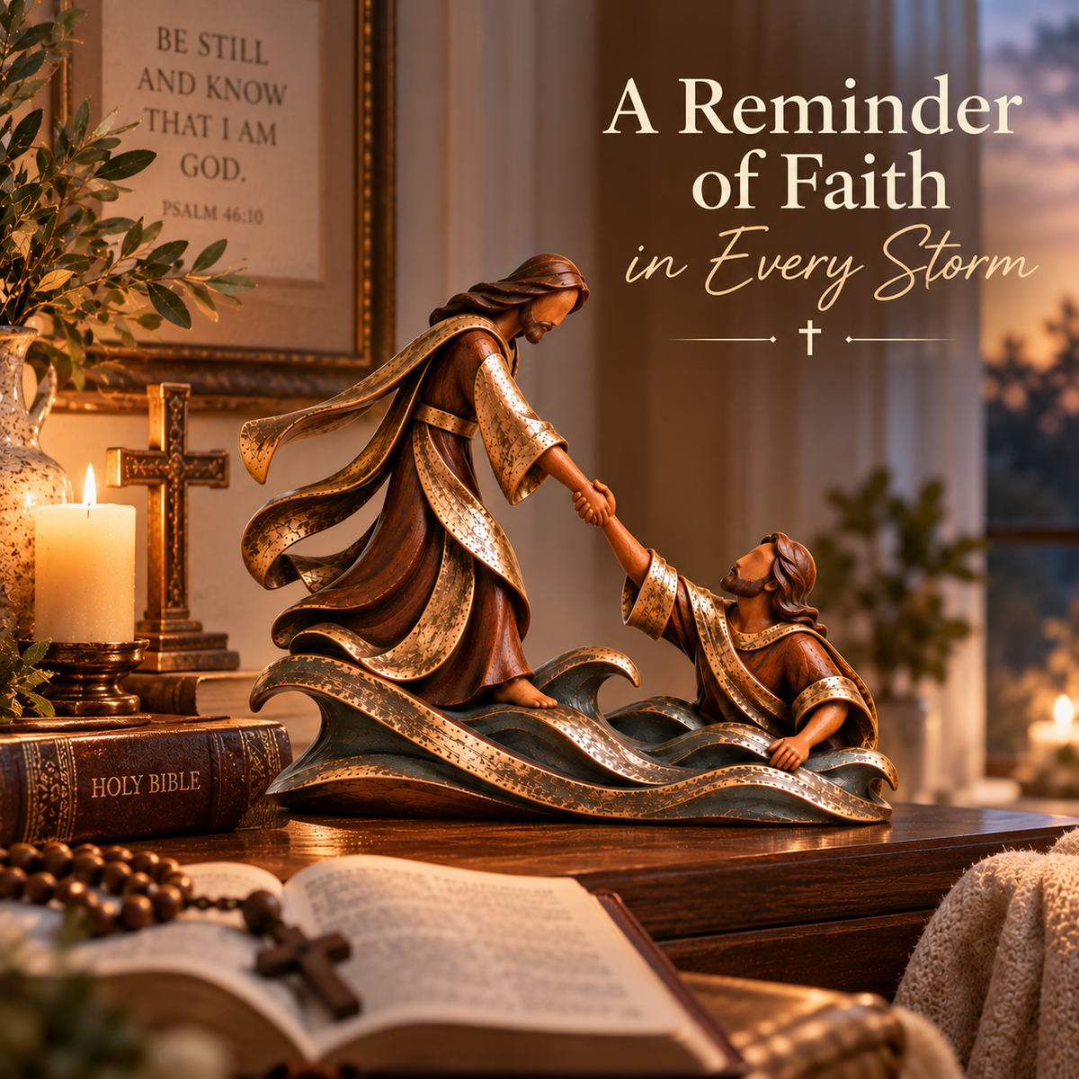 Faith sculpture displayed beside a Bible in a quiet reflection space