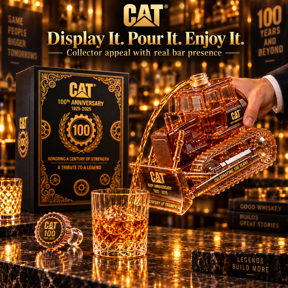 Iconic bulldozer shaped collector decanter