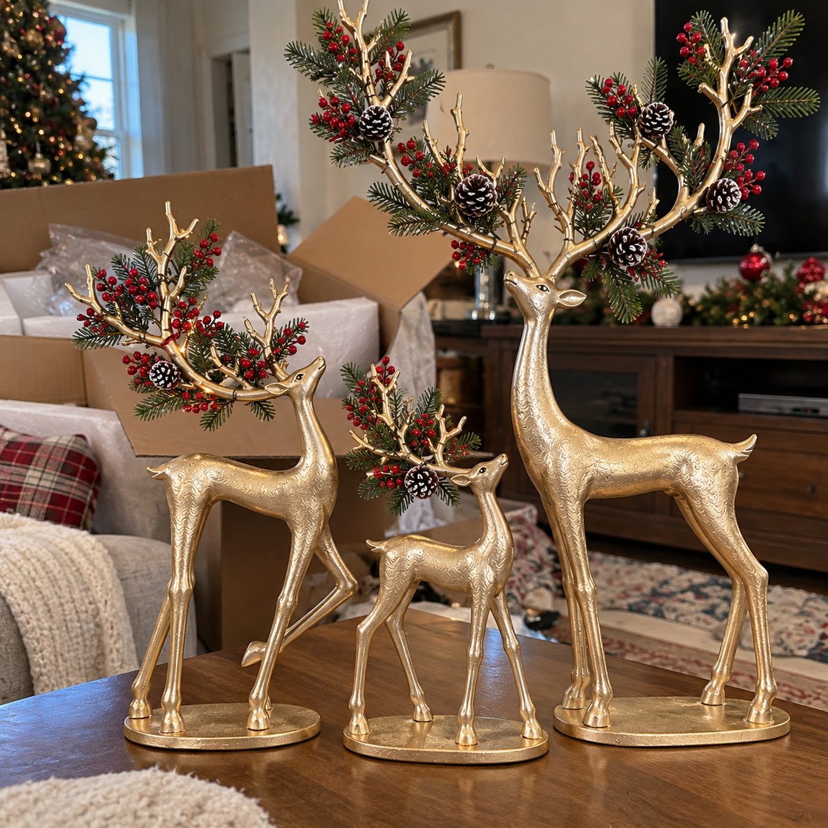 ✨ Cardinal Woodland Reindeer™ – Lighted Golden Christmas Deer Decorations