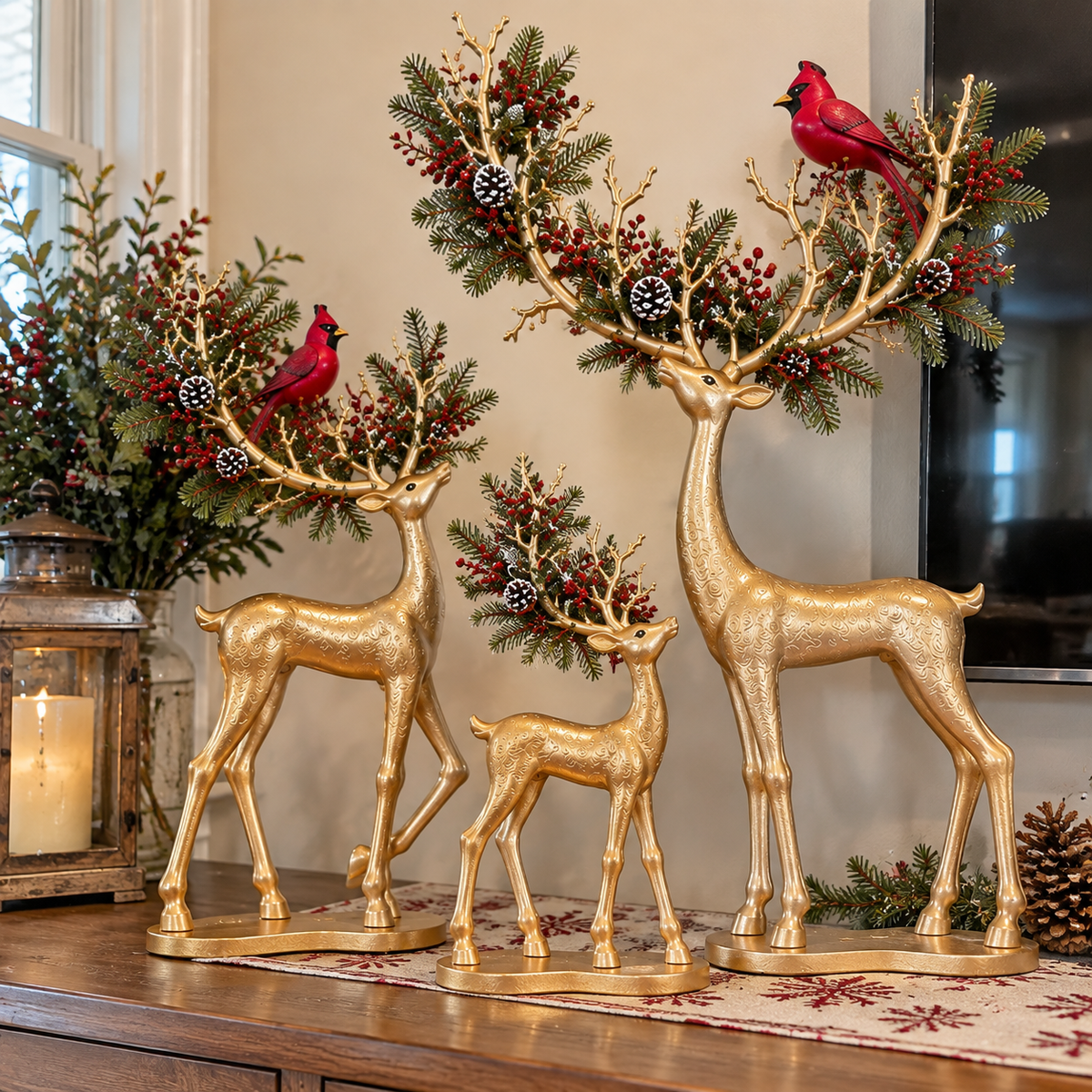 Gold Christmas reindeer trio in a festive home setting