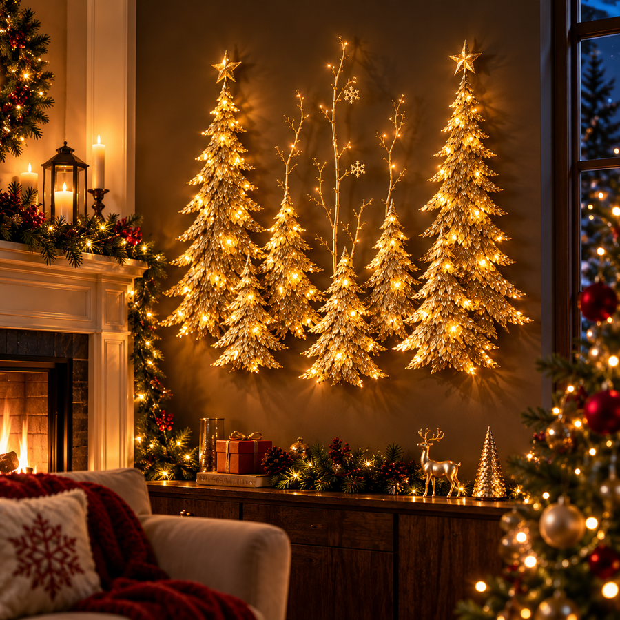 Golden Christmas wall trees illuminated
