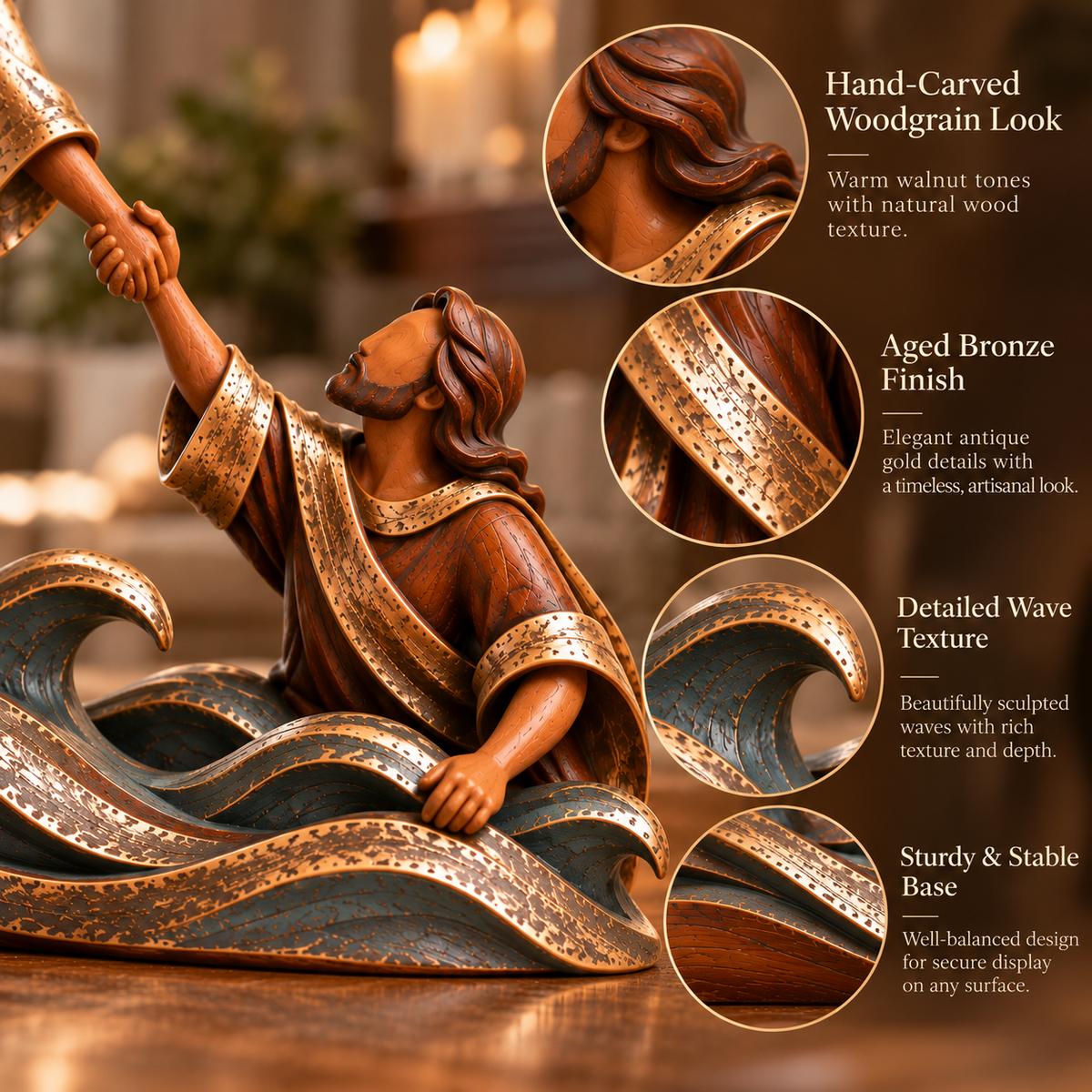 Details of the figures, flowing robes, bronze-tone accents and sculpted wave base