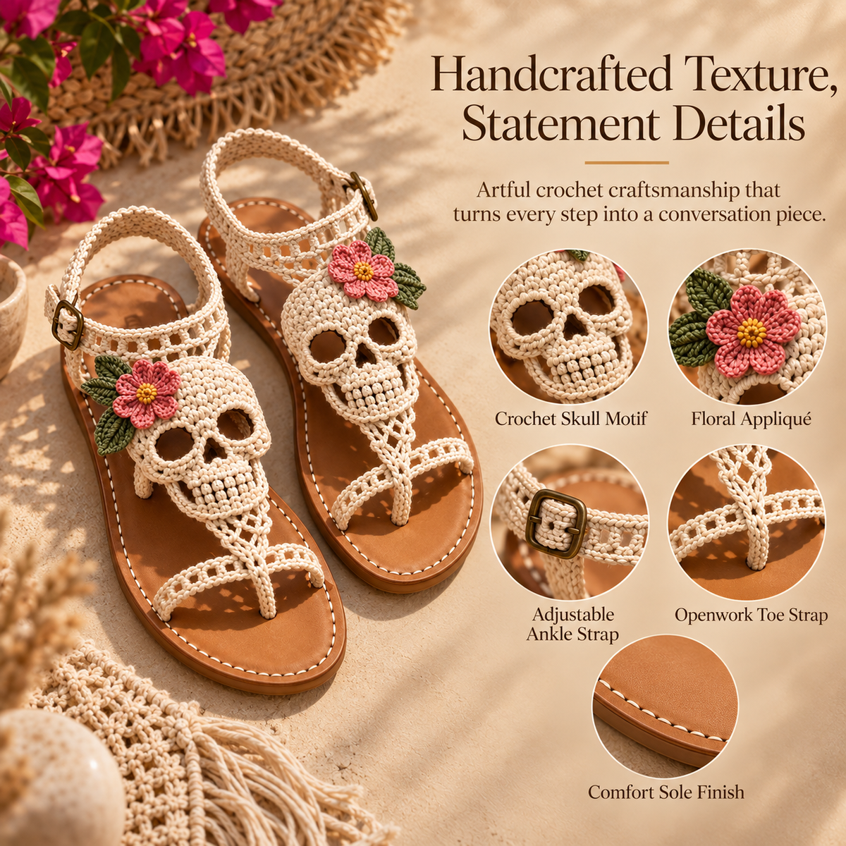 Close-up details of skull crochet, flower appliqué, ankle strap and sole