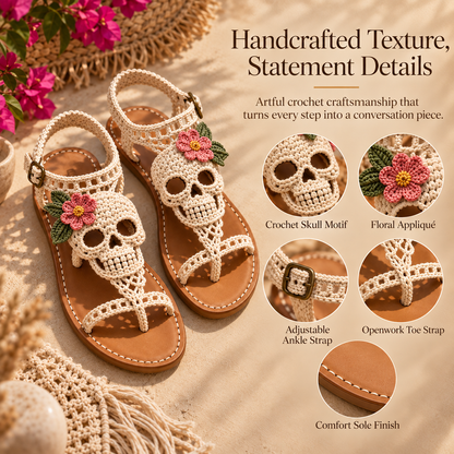 💀🌸 Hand-Crocheted Boho Skull Bloom Sandals