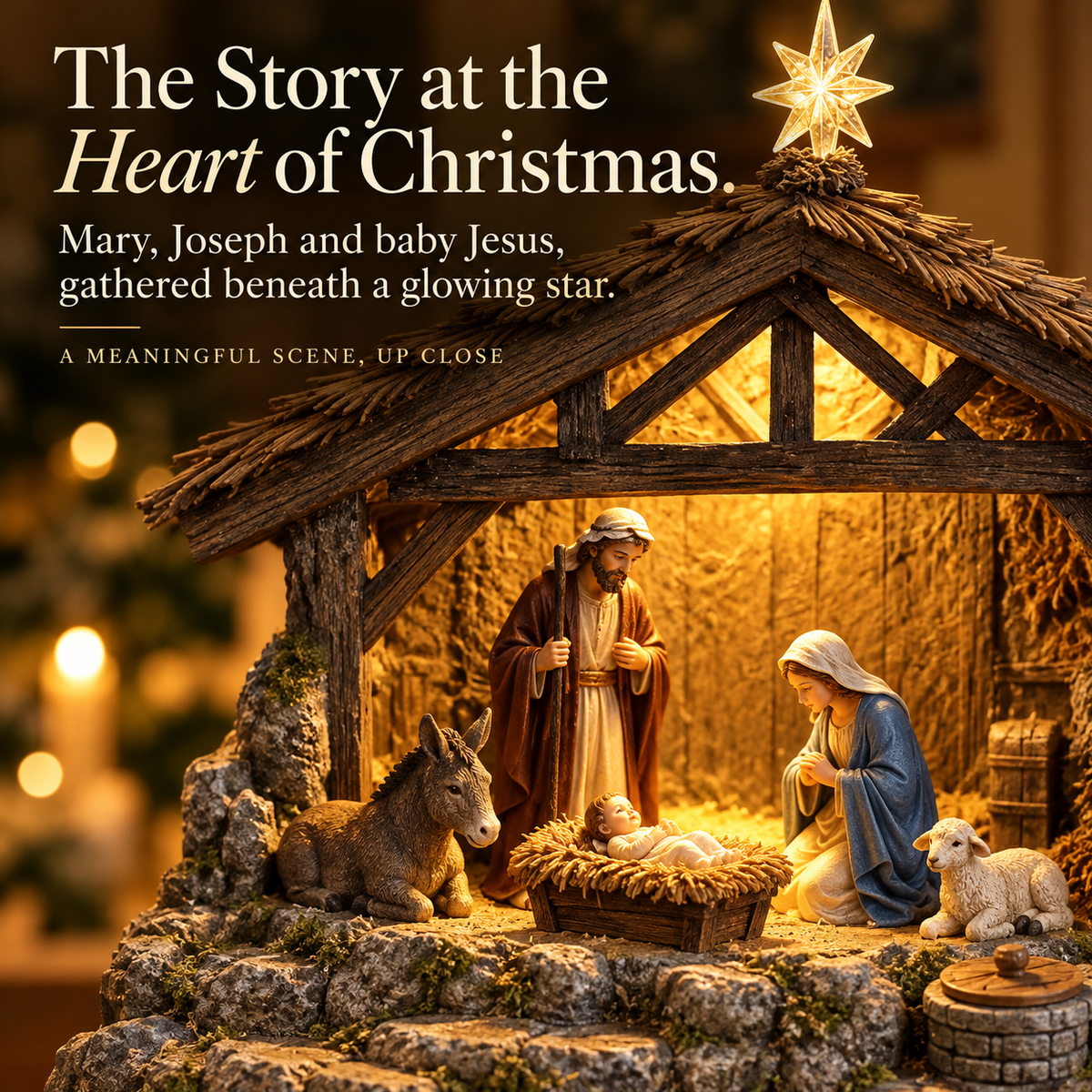 Close-up of Mary Joseph baby Jesus donkey and lamb under Bethlehem star