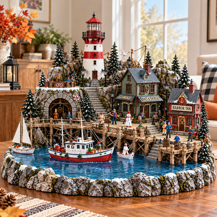 Coastal harbor Christmas village displayed on a living room table in daylight