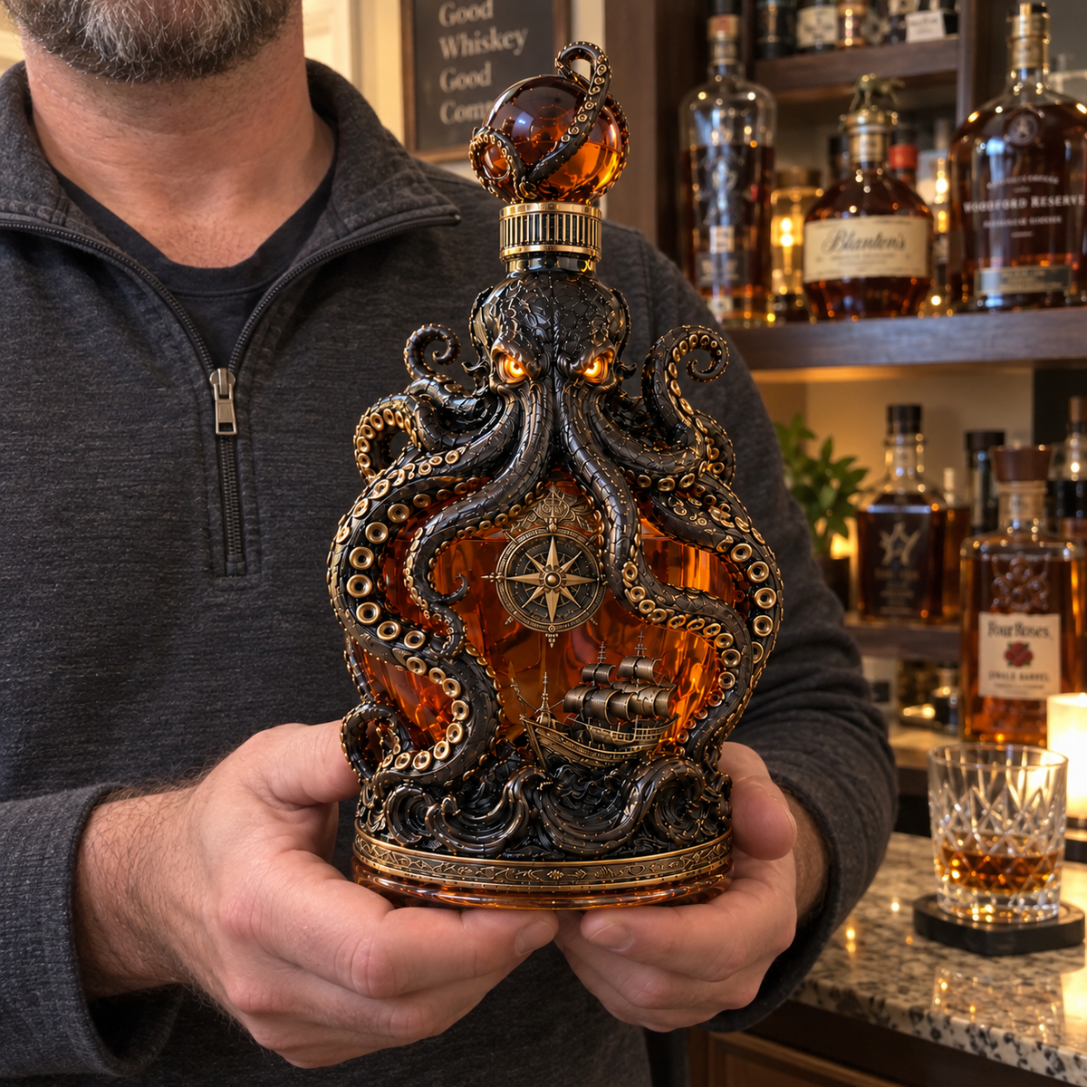 Person holding the Kraken decanter