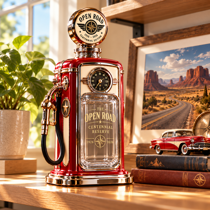 Retro Open Road decanter in a shipping carton with protective foam and empty clear glass chamber