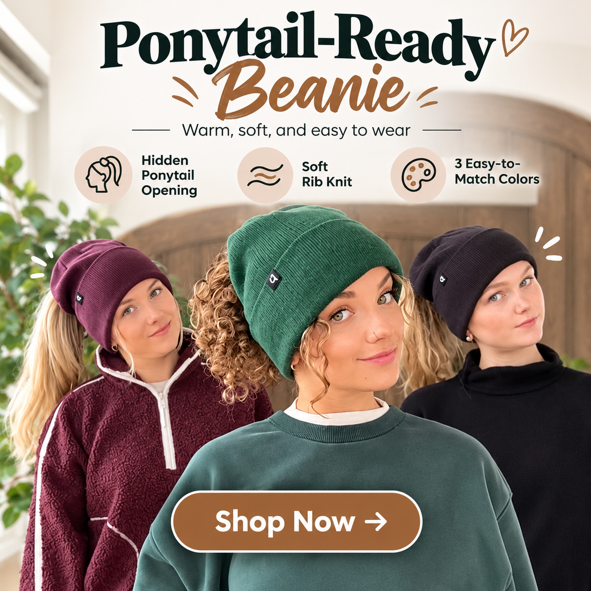 ✨2-in-1 Ponytail Knit Beanie — Features a built-in magnetic closure; no zipper design❄️