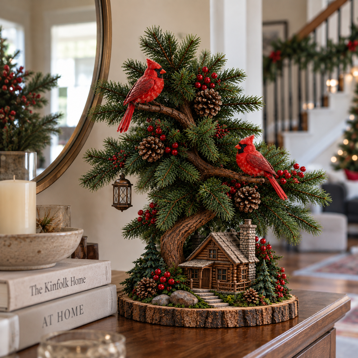 🎄❤️ Cardinal’s Christmas Homecoming™ – Lighted Tabletop Christmas Tree with Red Cardinals & Cozy Cabin