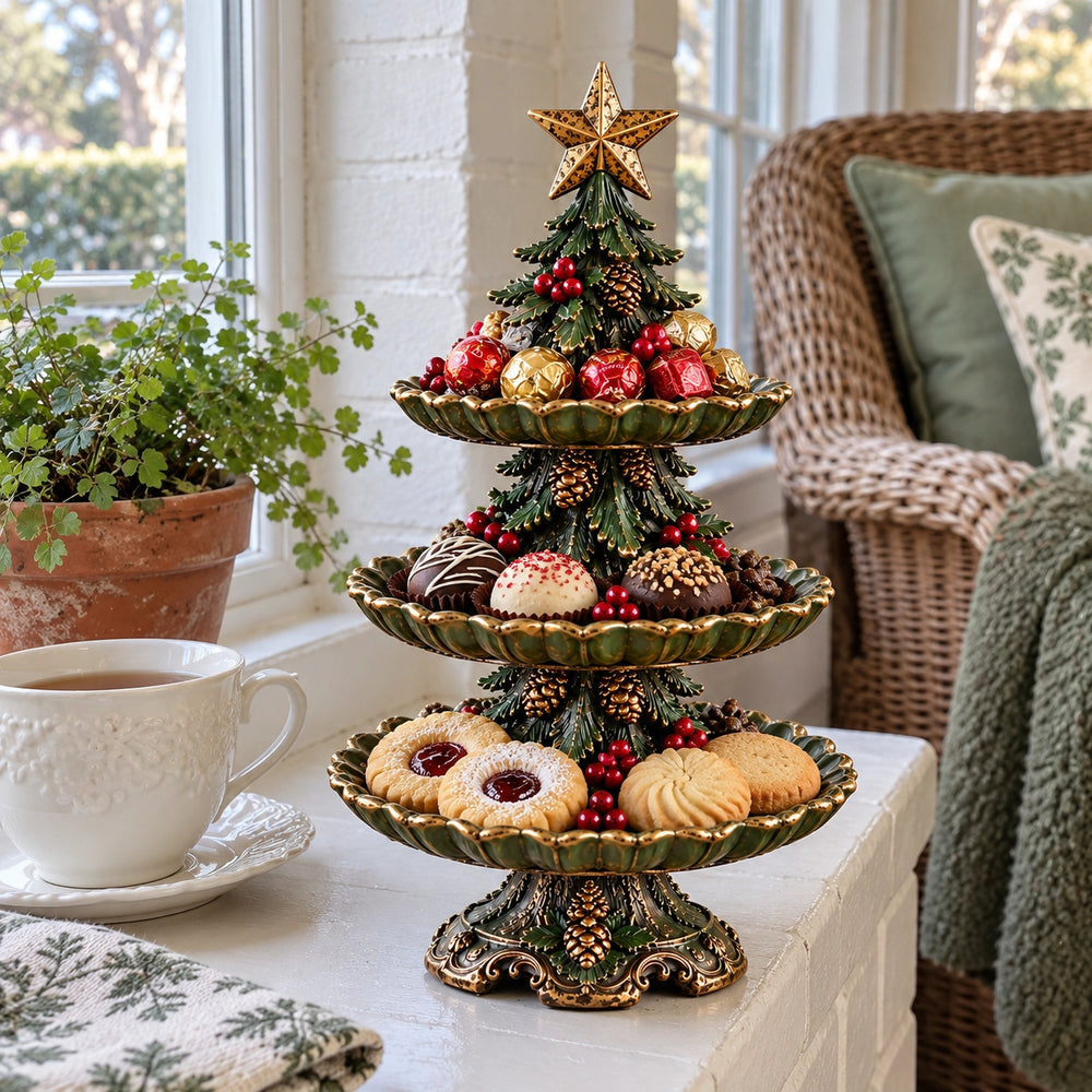 Three Christmas reindeer arranged on a wooden entryway console