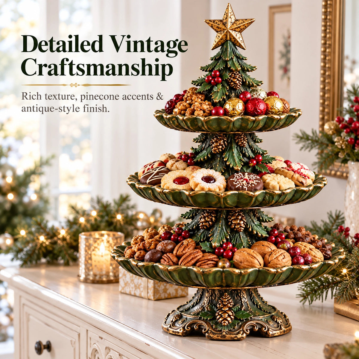 🎄 Vintage Christmas Tree 3-Tier Serving Stand