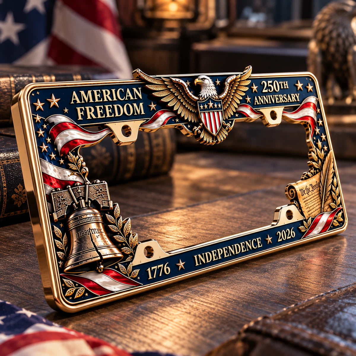 Full metal frame with eagle, Liberty Bell and scroll details