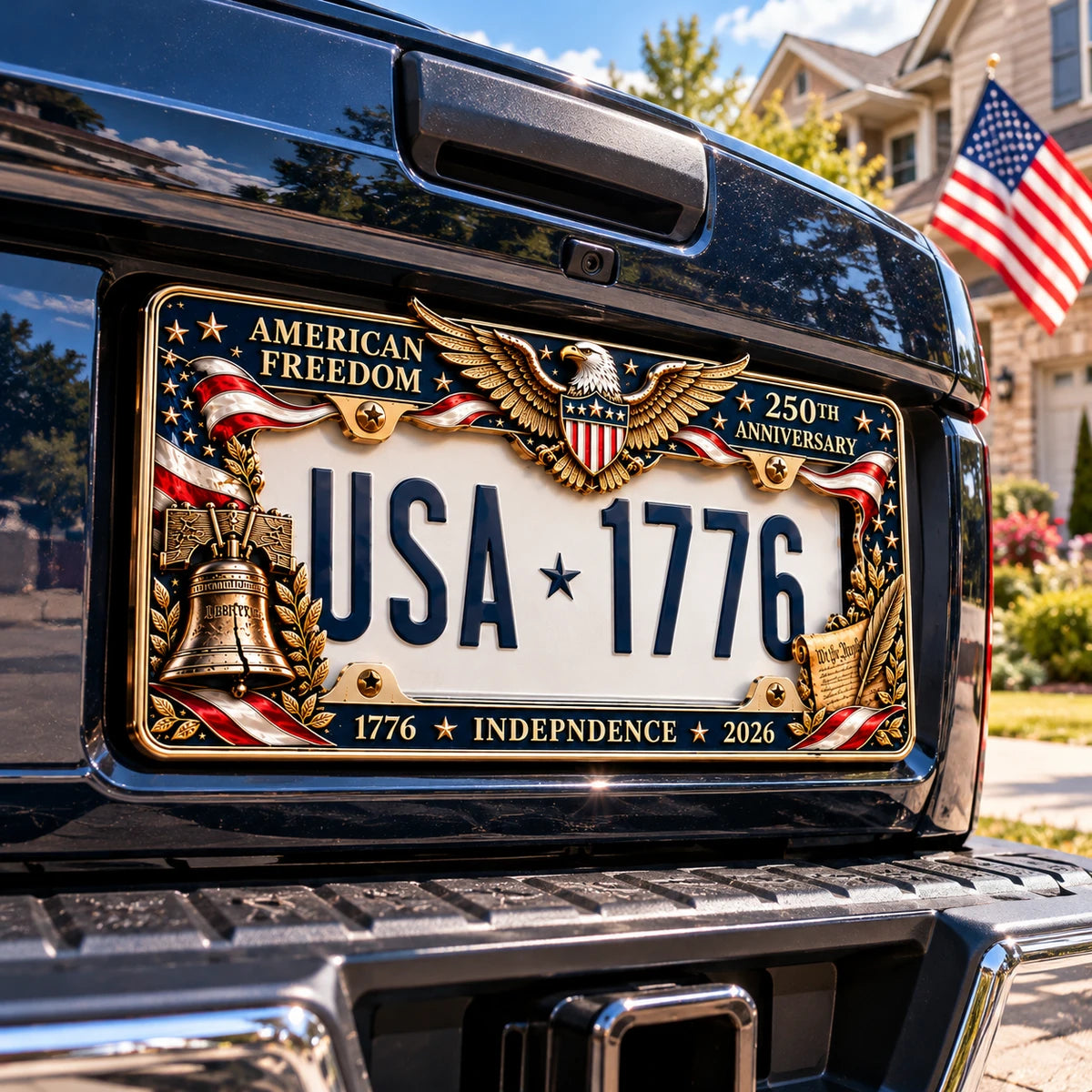 Patriotic eagle license plate frame on a pickup in a driveway