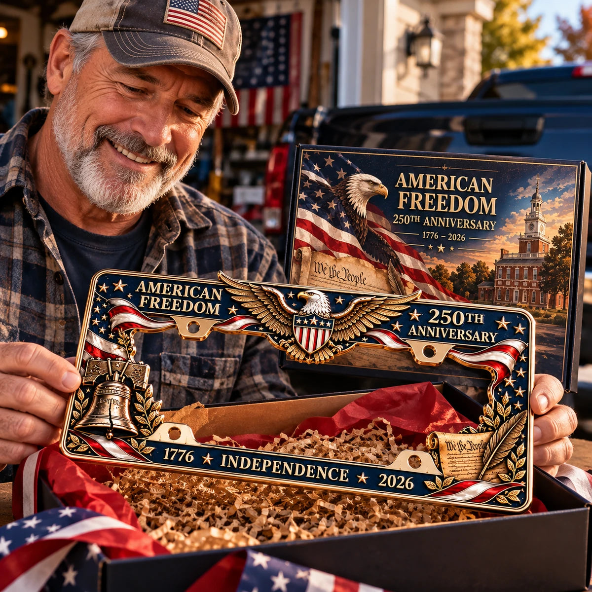 A man holding the commemorative frame in a gift scene