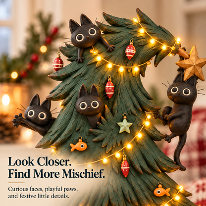 🐈‍⬛🎄 Curious Black Cats Climbing Christmas Tree Figurine ✨