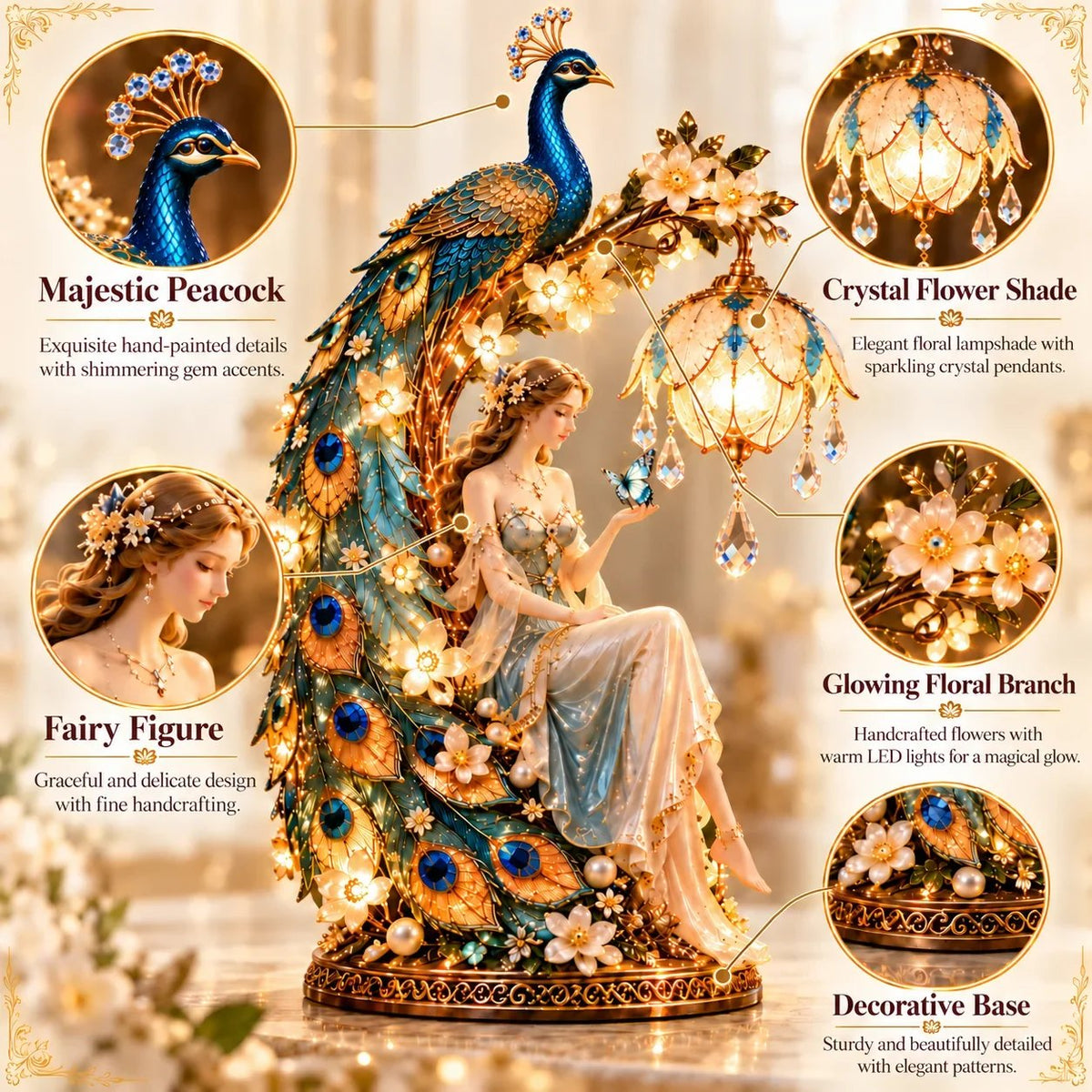🦚✨ Moonlit Peacock Fairy™ – Bezaubernde Pfauenfee-Tischlampe mit warmem LED-Licht, kristallähnlichen Anhängern und eleganten Blumendetails | Stimmungsvolle Wohndekoration