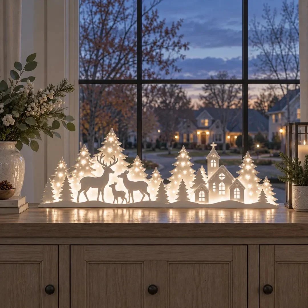 Light-Up Christmas Deer & Snowy Village Window Decor – 2-piece LED set ✨