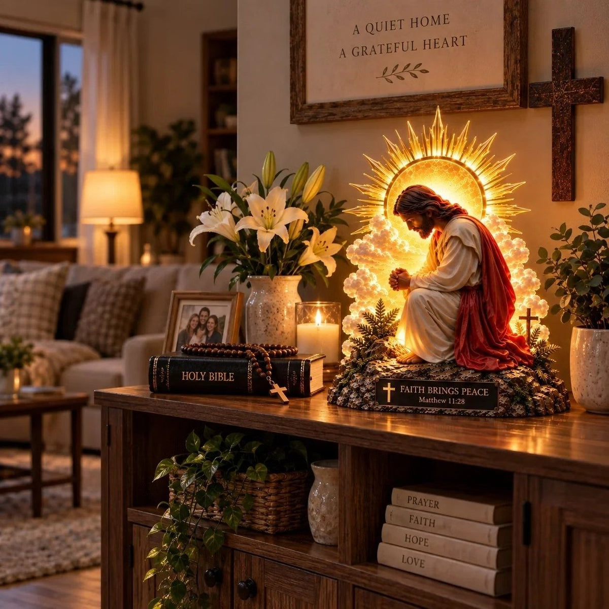 ✨🙏 Faith Brings PeaceTM — Illuminated Praying Jesus Figurine