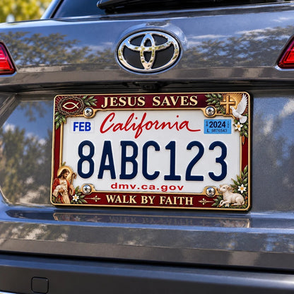 🐑🕊️ “Jesus Saves – Walk by Faith” Jesus Commemorative Metal License Plate Frame