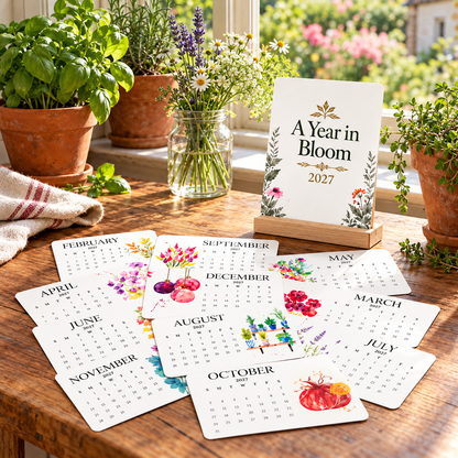2027 botanical seed calendar cards displayed on a garden table