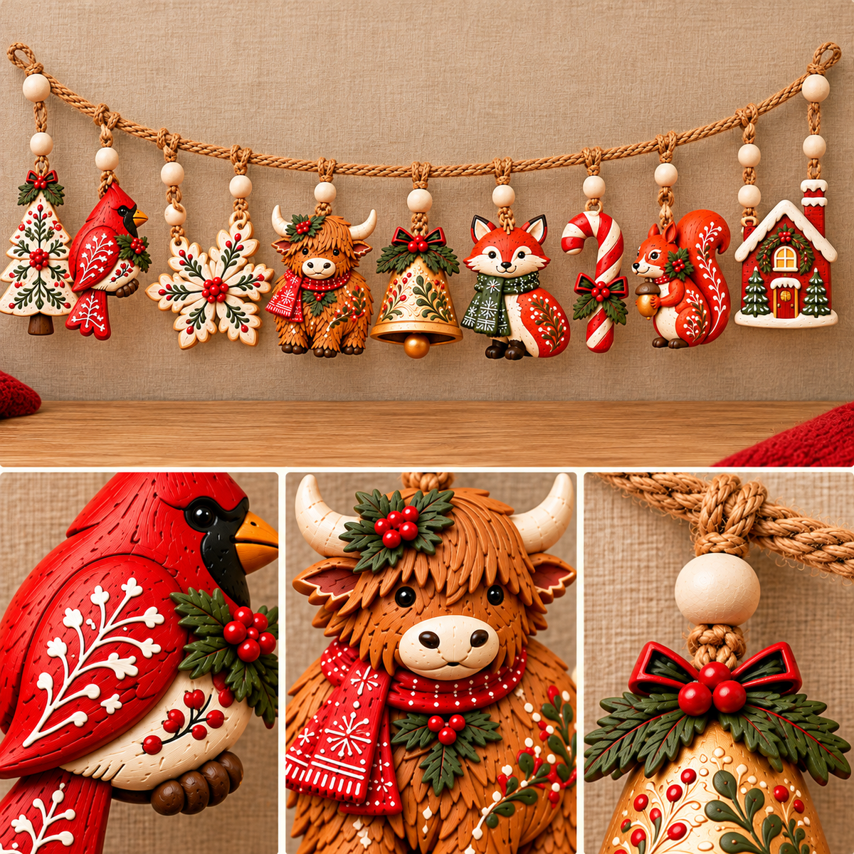 Enchanted Woodland Christmas Garland – Rustic Wooden Highland Cow & Forest Animal Hanging Decorations