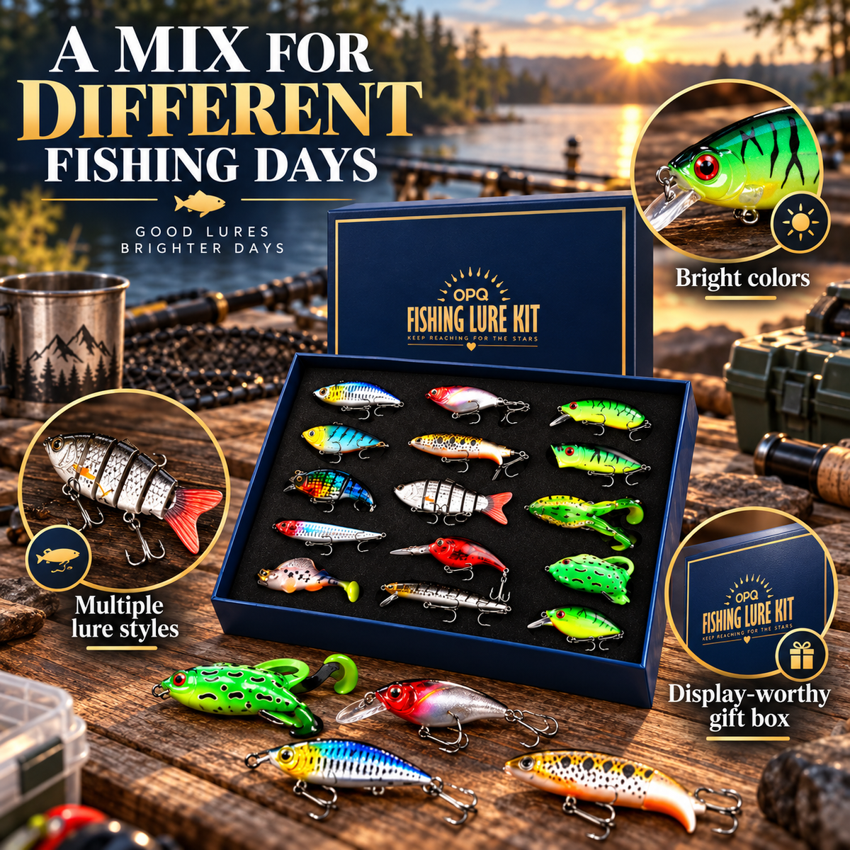 Close views of colorful lure bodies and a jointed fish lure