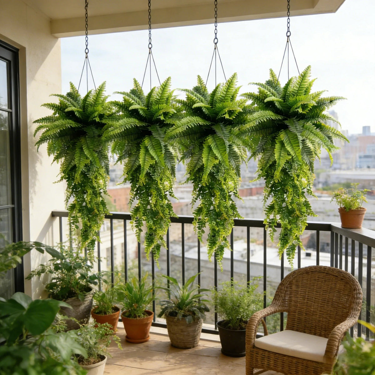Artificial Boston ferns hanging above a balcony seating area