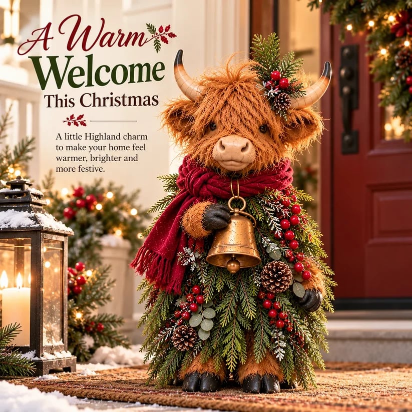 Christmas Highland Cow Figurine with Bell